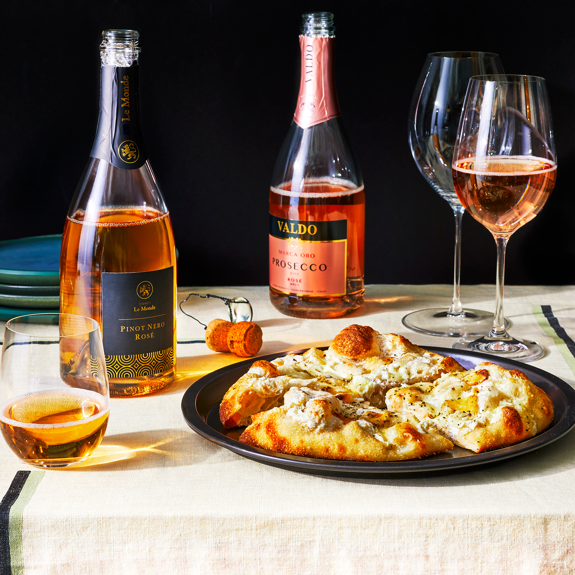 White pizza with sparkling rose