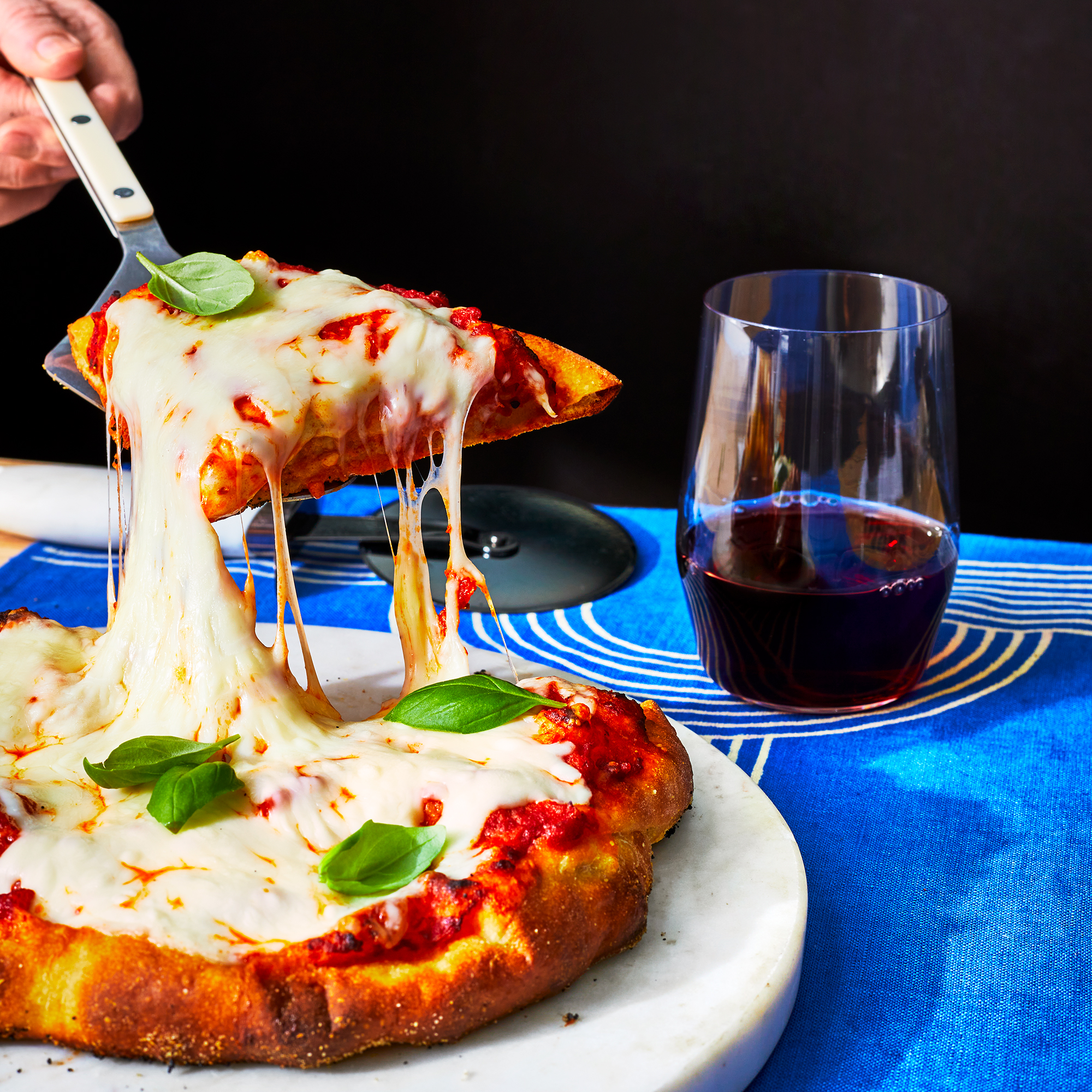 Margherita pizza with red wine